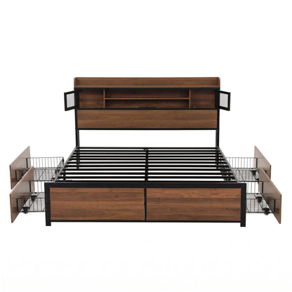 Artiss Queen Bed Frame with Charging Station 4 Drawers Storage Oak - Image 2