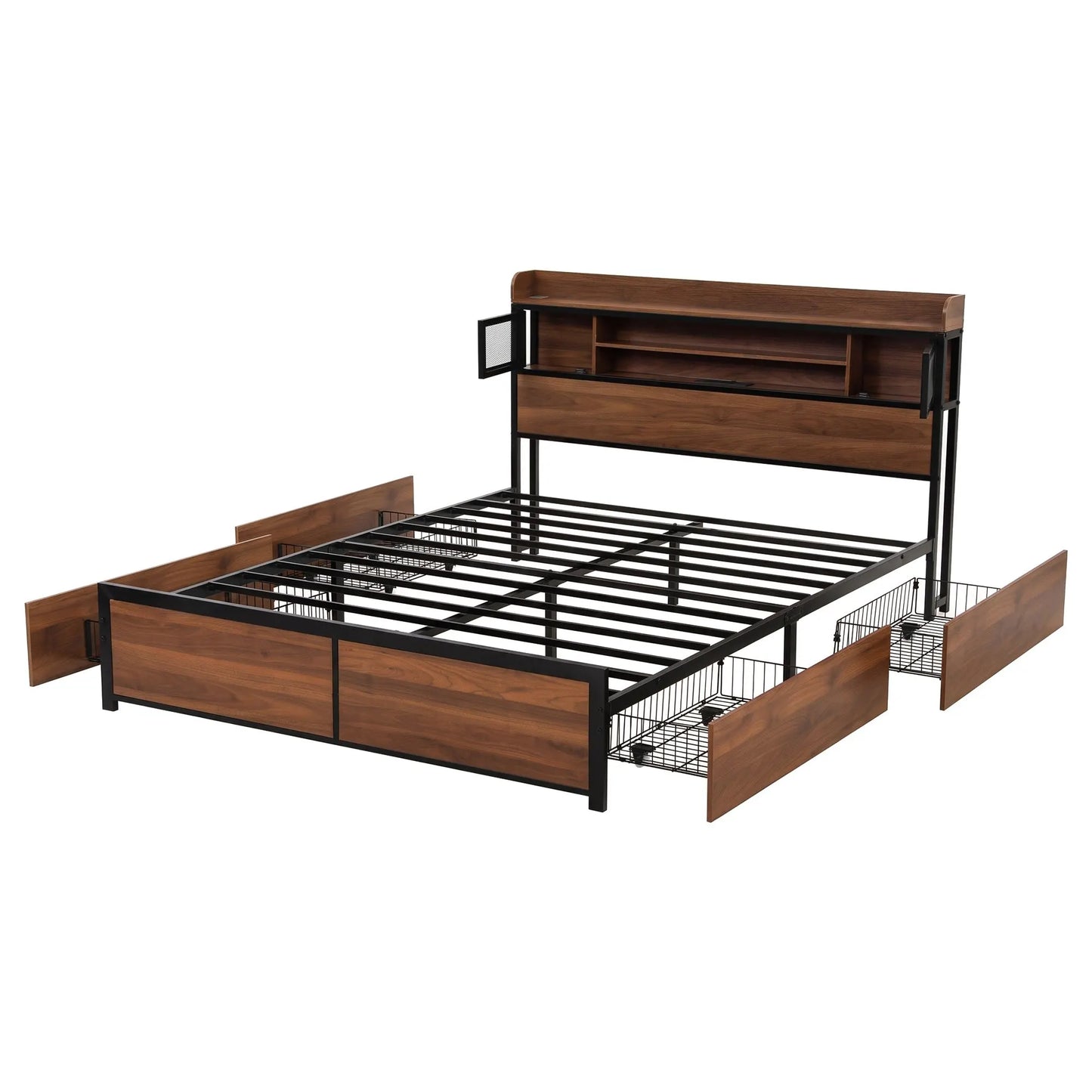 Artiss Queen Bed Frame with Charging Station 4 Drawers Storage Oak - Image 4