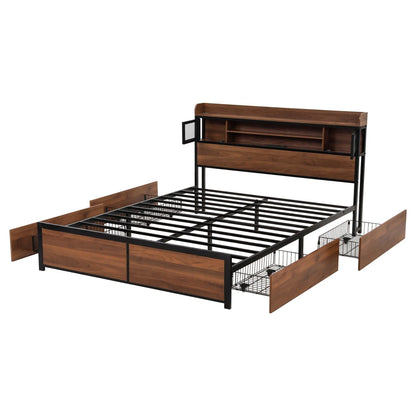 Artiss Queen Bed Frame with Charging Station 4 Drawers Storage Oak - Image 4