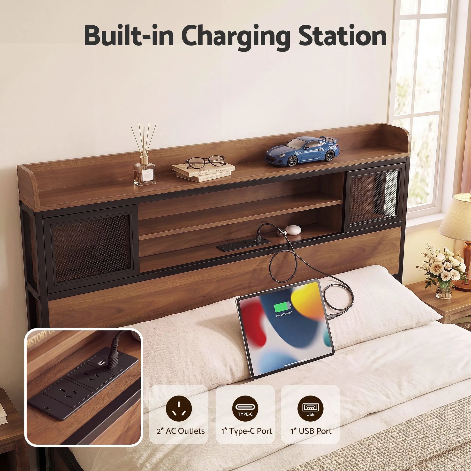 Artiss Queen Bed Frame with Charging Station 4 Drawers Storage Oak - Image 5