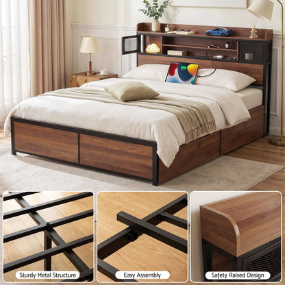 Artiss Queen Bed Frame with Charging Station 4 Drawers Storage Oak - Image 8