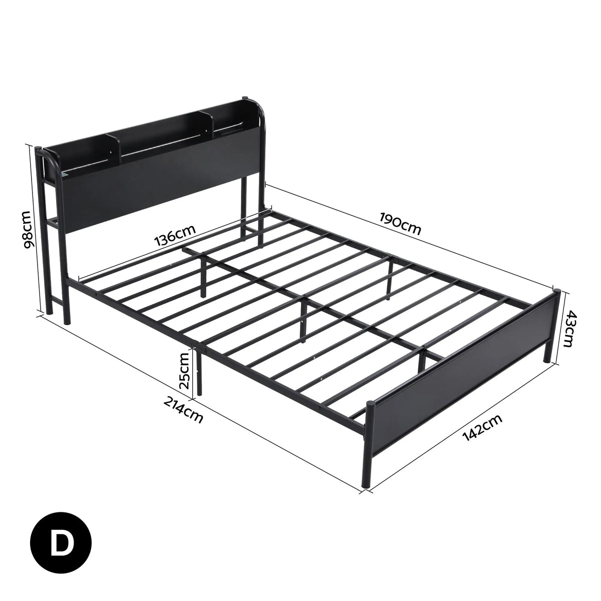 Artiss Bed Frame Double Size with Storage Shelf Headboard Charging Station GRID - Image 2