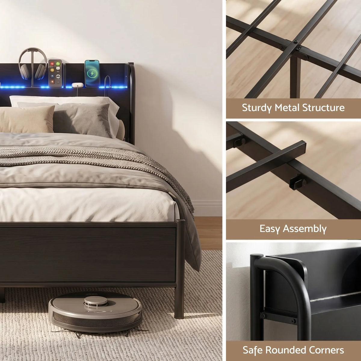 Artiss Bed Frame Queen Size with Storage Shelf Headboard Charging Station GRID - Image 7