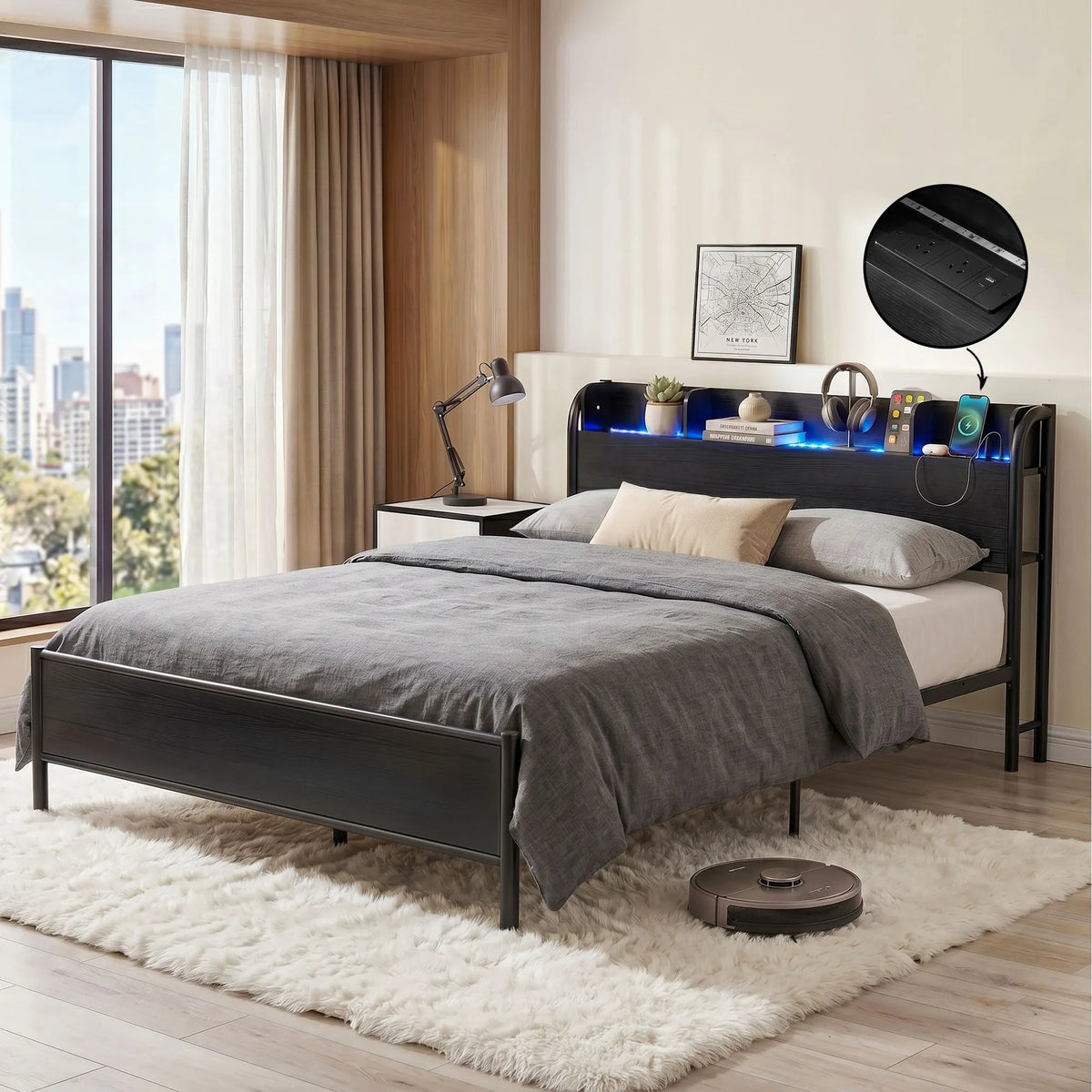 Artiss Bed Frame Queen Size with Storage Shelf Headboard Charging Station GRID - Image 8