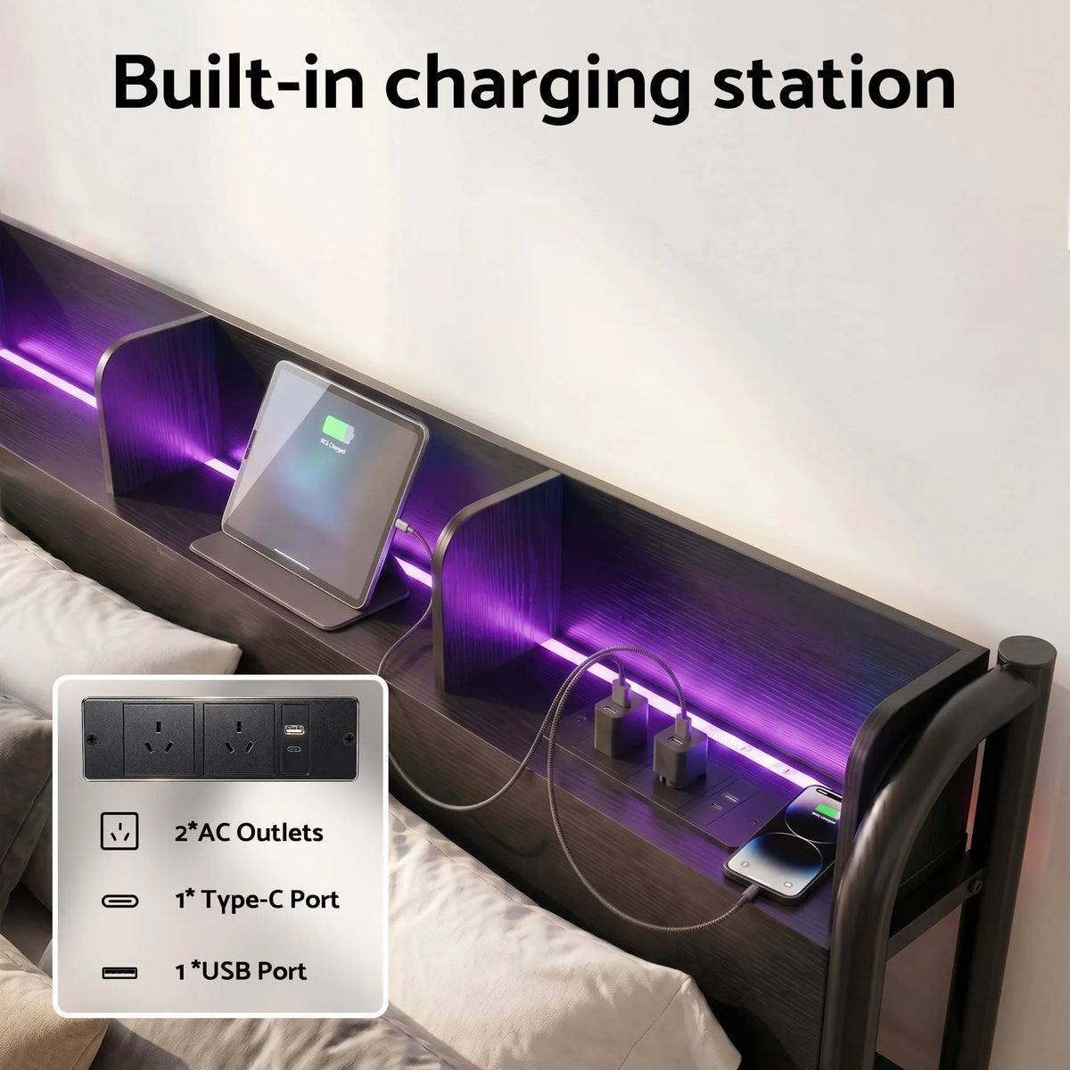 Artiss Bed Frame Single Size with Storage Shelf Headboard Charging Station GRID - Image 4