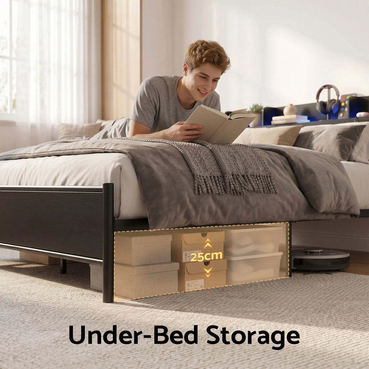 Artiss Bed Frame Single Size with Storage Shelf Headboard Charging Station GRID - Image 6