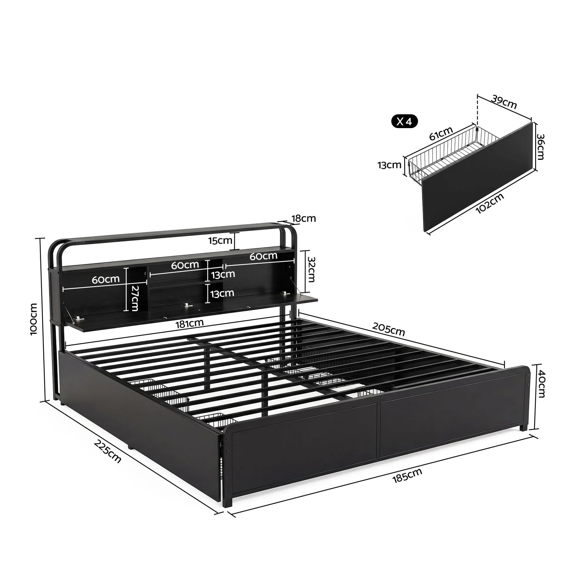 Artiss King Metal Bed Frame 4 Drawers Hidden Storage Headboard HEDY - Image 3