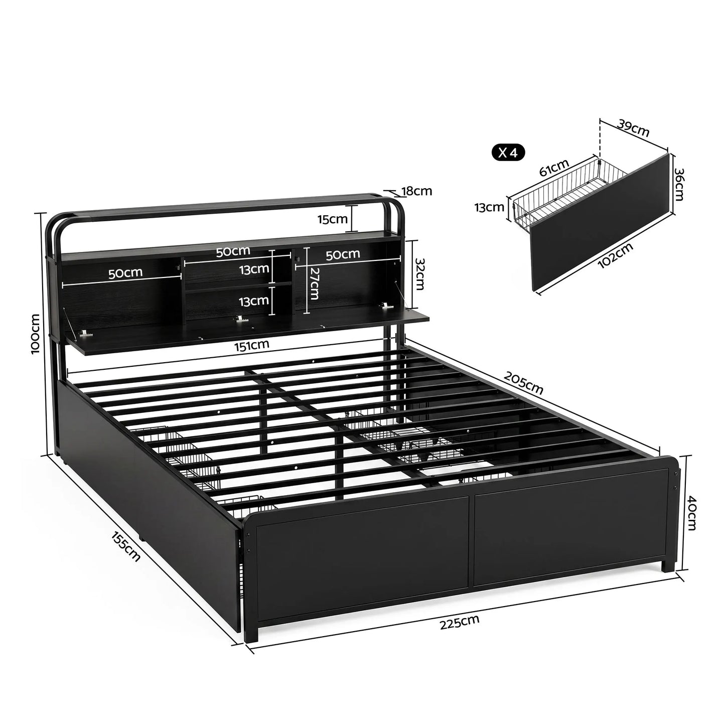 Artiss Queen Metal Bed Frame 4 Drawers Hidden Storage Headboard HEDY - Image 3