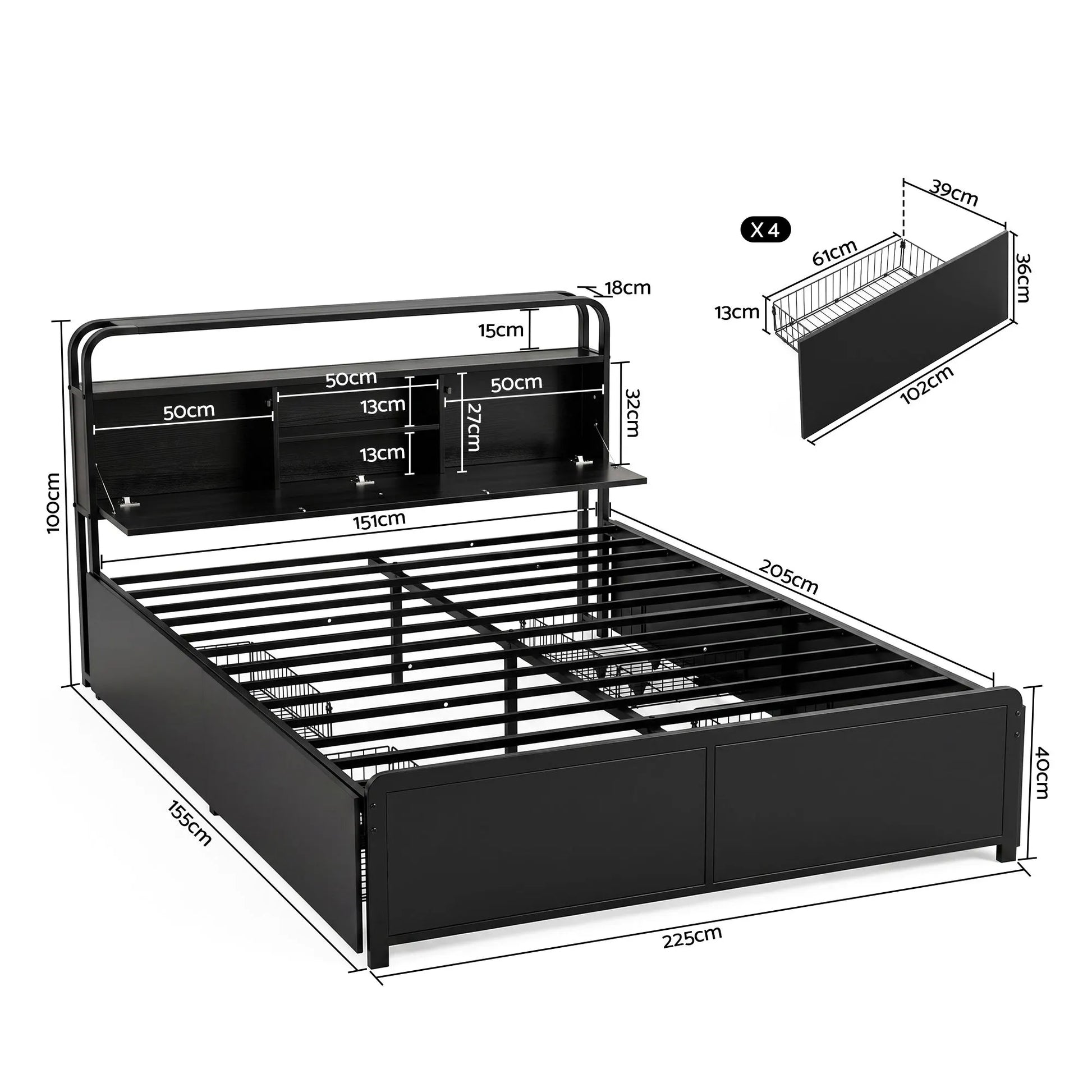 Artiss Queen Metal Bed Frame 4 Drawers Hidden Storage Headboard HEDY - Image 3