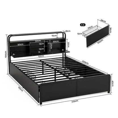 Artiss Queen Metal Bed Frame 4 Drawers Hidden Storage Headboard HEDY - Image 3