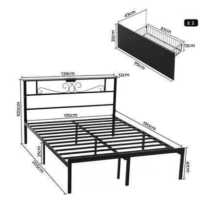 Artiss Double Bed Frame with Charging Station & Storage Drawers Metal - Image 3