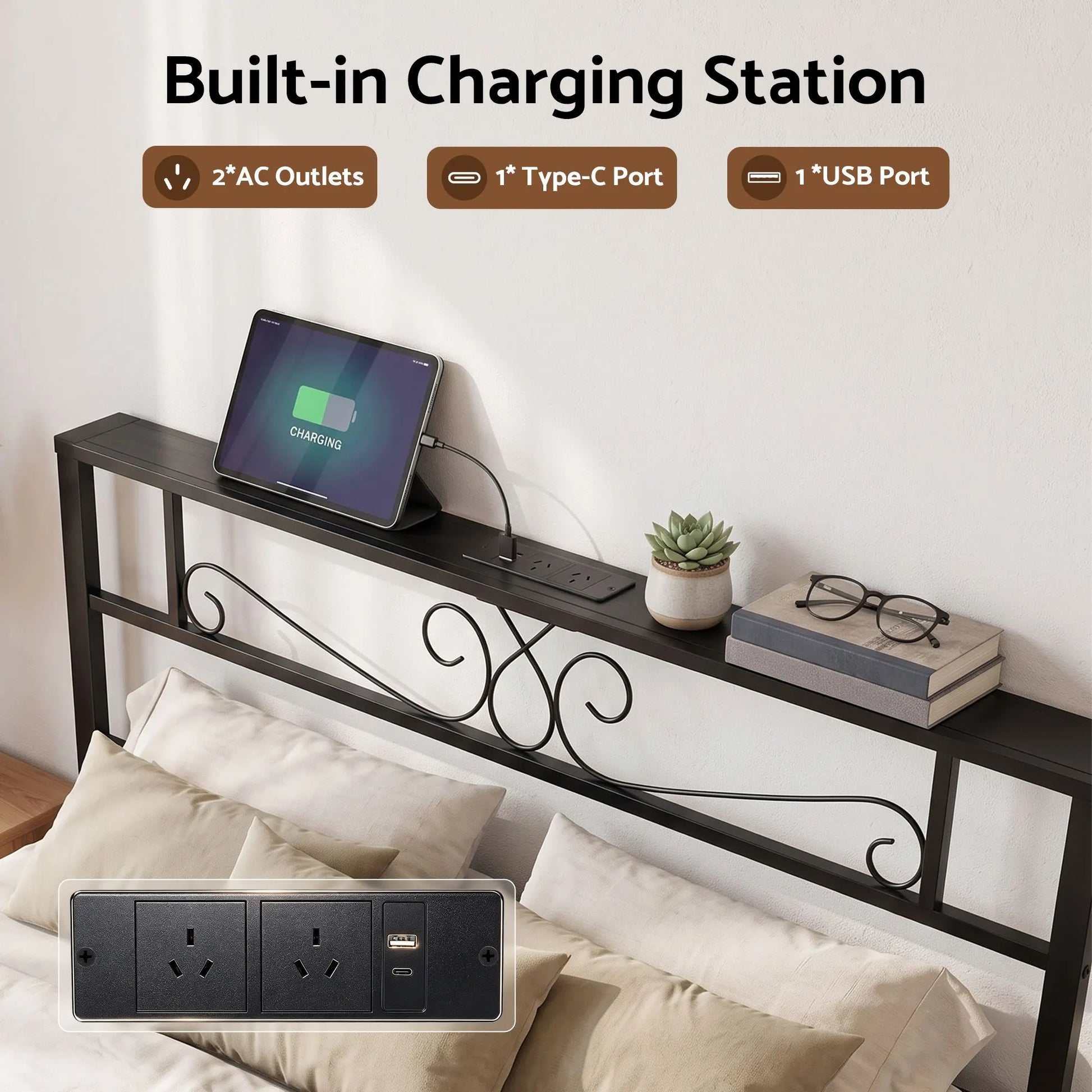 Artiss Double Bed Frame with Charging Station & Storage Drawers Metal - Image 5
