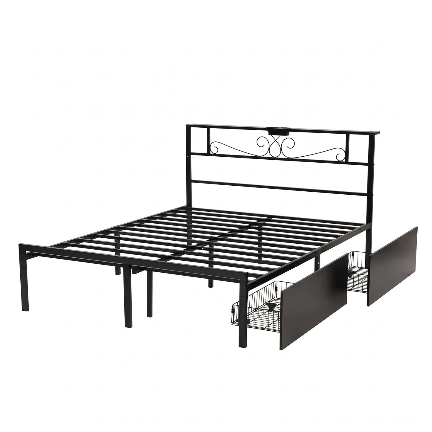 Artiss Queen Bed Frame with Charging Station & Storage Drawers Metal - Image 2