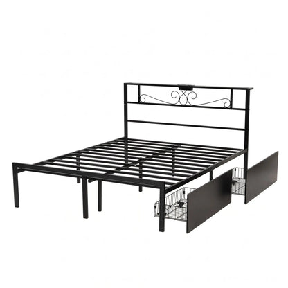 Artiss Queen Bed Frame with Charging Station & Storage Drawers Metal - Image 2