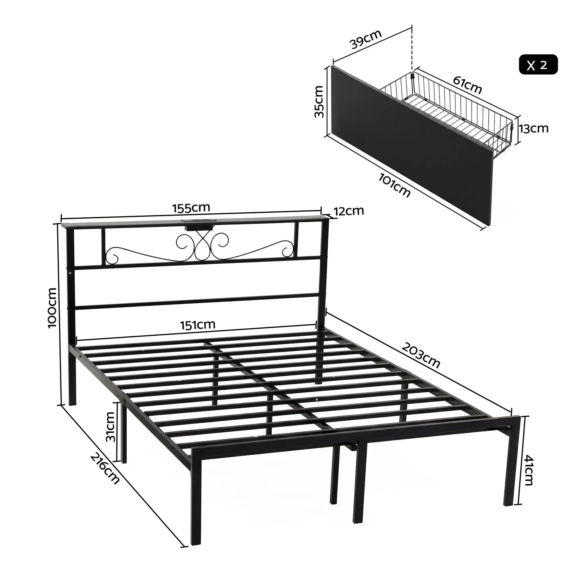 Artiss Queen Bed Frame with Charging Station & Storage Drawers Metal - Image 3