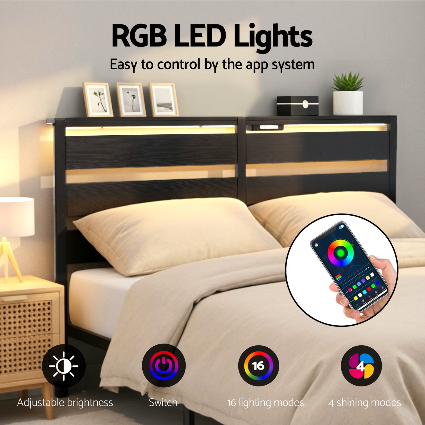 Artiss Bed Frame Double Size LED Metal Bed Base with Charging Station - Image 4