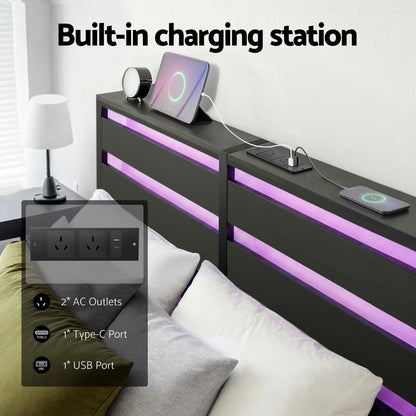 Artiss Bed Frame Double Size LED Metal Bed Base with Charging Station - Image 5