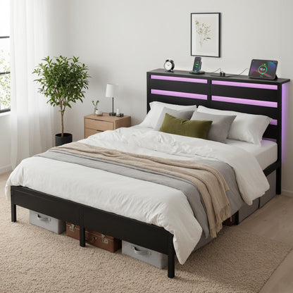 Artiss Bed Frame Double Size LED Metal Bed Base with Charging Station - Image 9