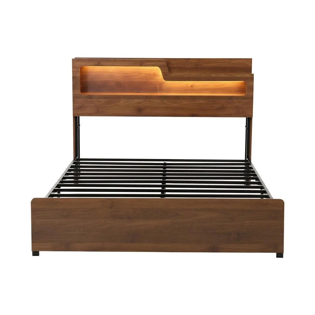 Artiss Double Bed Frame Metal with Charging Station LED Light Storage Shelf - Image 2