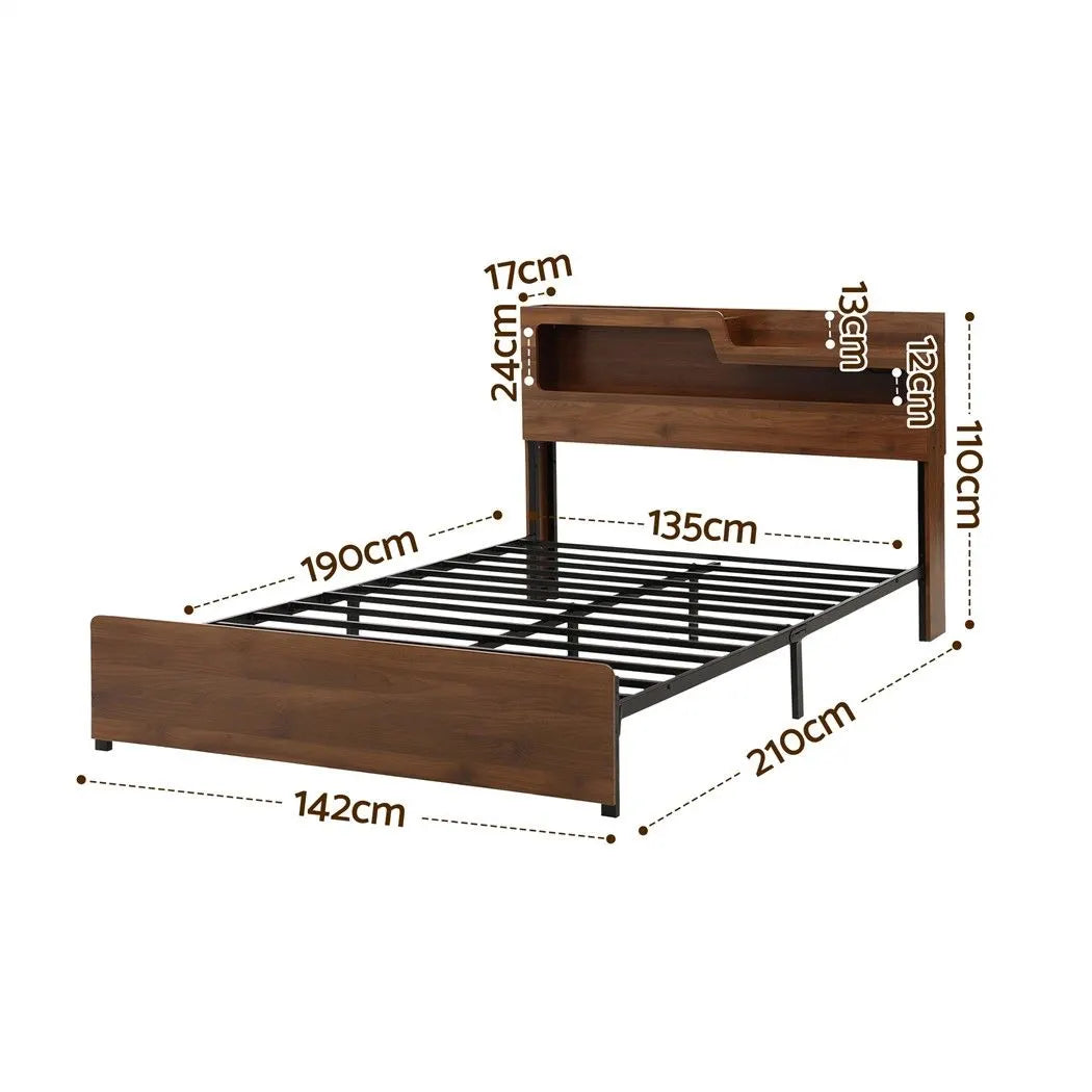 Artiss Double Bed Frame Metal with Charging Station LED Light Storage Shelf - Image 3