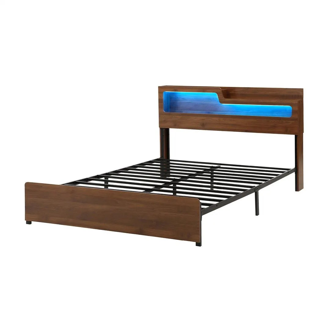 Artiss Double Bed Frame Metal with Charging Station LED Light Storage Shelf - Image 4