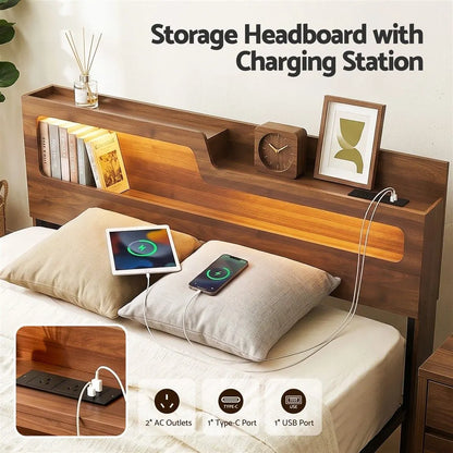 Artiss Double Bed Frame Metal with Charging Station LED Light Storage Shelf - Image 5