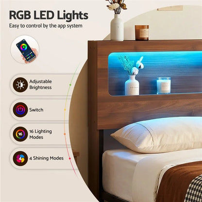 Artiss Double Bed Frame Metal with Charging Station LED Light Storage Shelf - Image 6