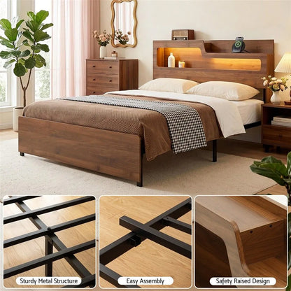 Artiss Double Bed Frame Metal with Charging Station LED Light Storage Shelf - Image 8