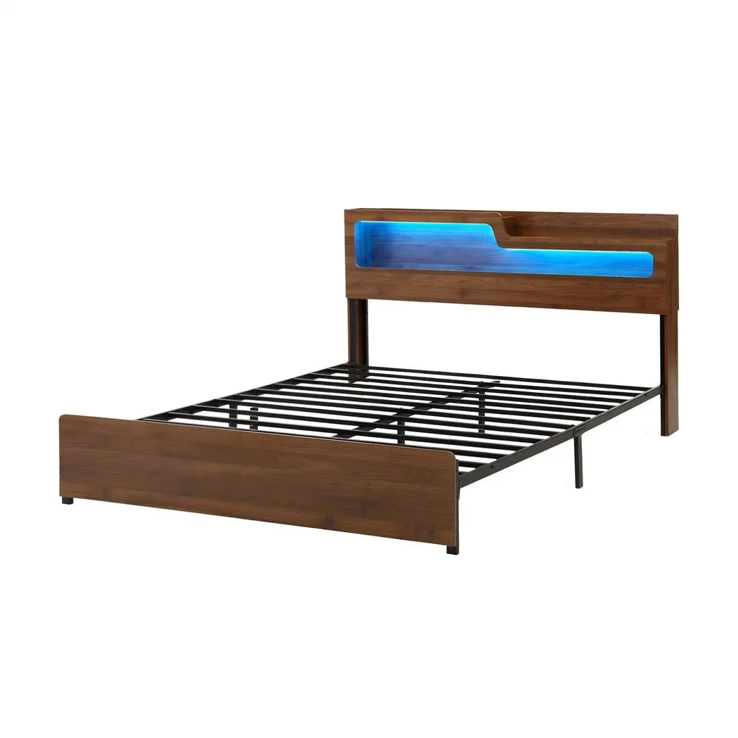 Artiss King Bed Frame Metal with Charging Station LED Light Storage Shelf - Image 4