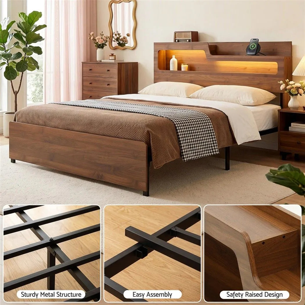 Artiss King Bed Frame Metal with Charging Station LED Light Storage Shelf - Image 8