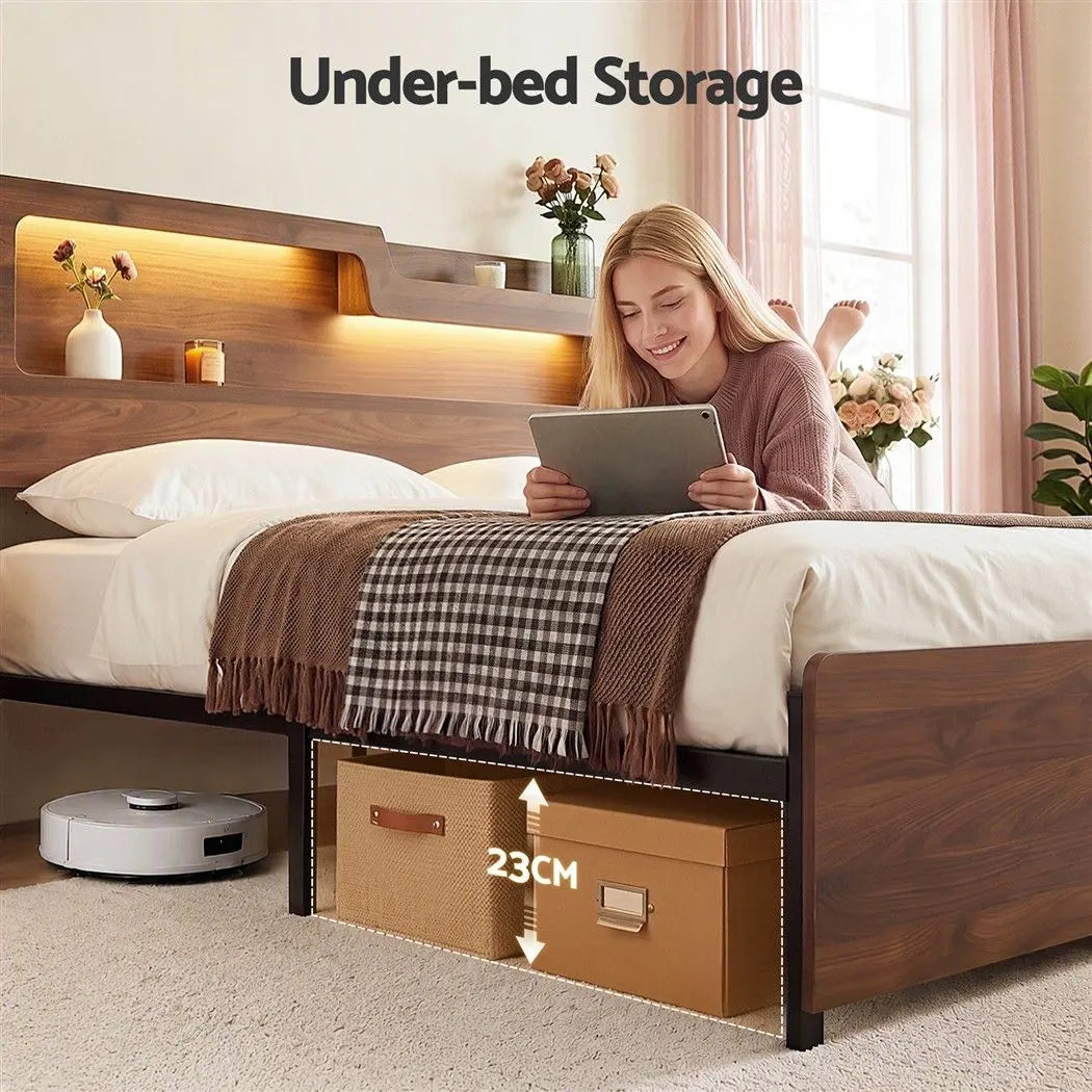 Artiss Queen Bed Frame Metal with Charging Station LED Light Storage Shelf - Image 7