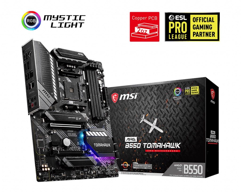 MSI MAG B550 TOMAHAWK ATX Motherboard, AMD Ryzen AM4, 4xDDR4, 1xPCIe4.0 x16slots, 2xPCIe3.0 x16sl...