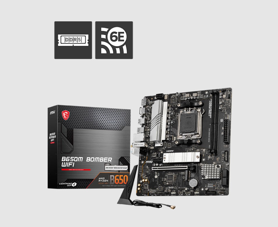 MSI B650M BOMBER WIFI AMD AM5 MATX Motherboard, 2x DDR5 ~128GB, 1x PCI-E x16, 2x M.2, 4x SATA,  6...