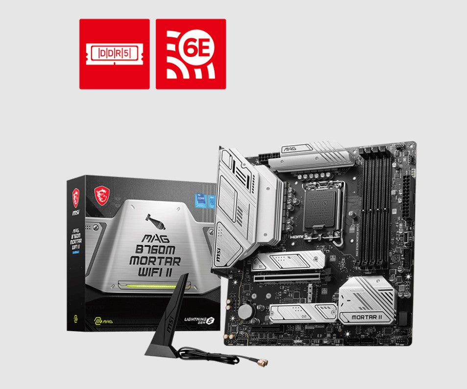 MSI PRO B760M MORTAR WIFI II mATX Motherboard, 4x DDR5~256GB, 1x PCI-E x 16, 1x PCI-E x 4, 3x M.2...