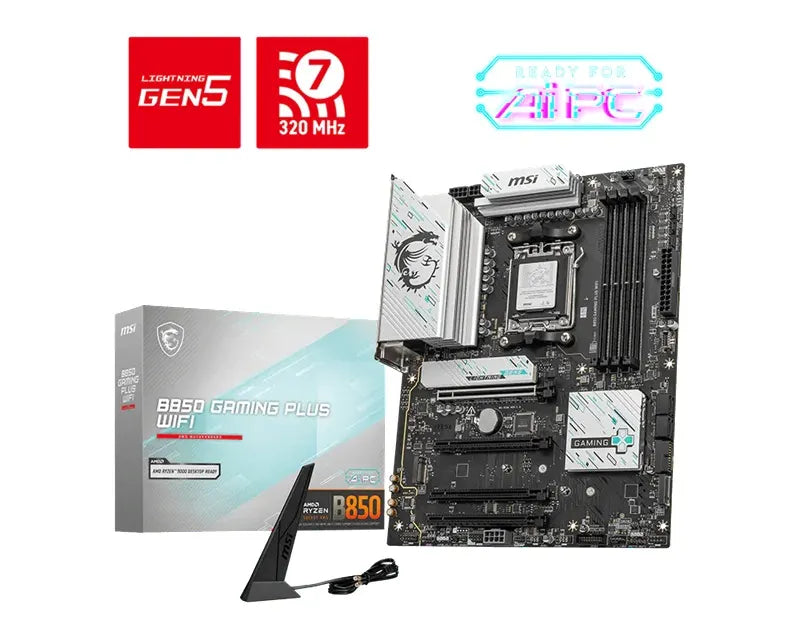 MSI B850 GAMING PLUS WIFI, AM5, B850, DDR5 8200+OC, PCIe 5.0, M.2 Gen5/Gen4, WiFi 7, 5Gb LAN, USB...