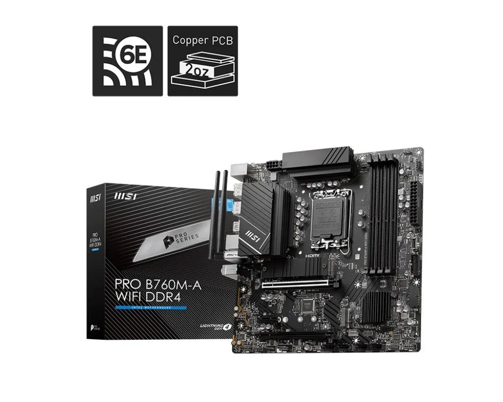MSI PRO B760M-A WIFI DDR4 mATX Motherboard, 4x DDR4~128GB, 2x PCI-E x 16, 1x PCI-E x 1, 2x M.2, 4...