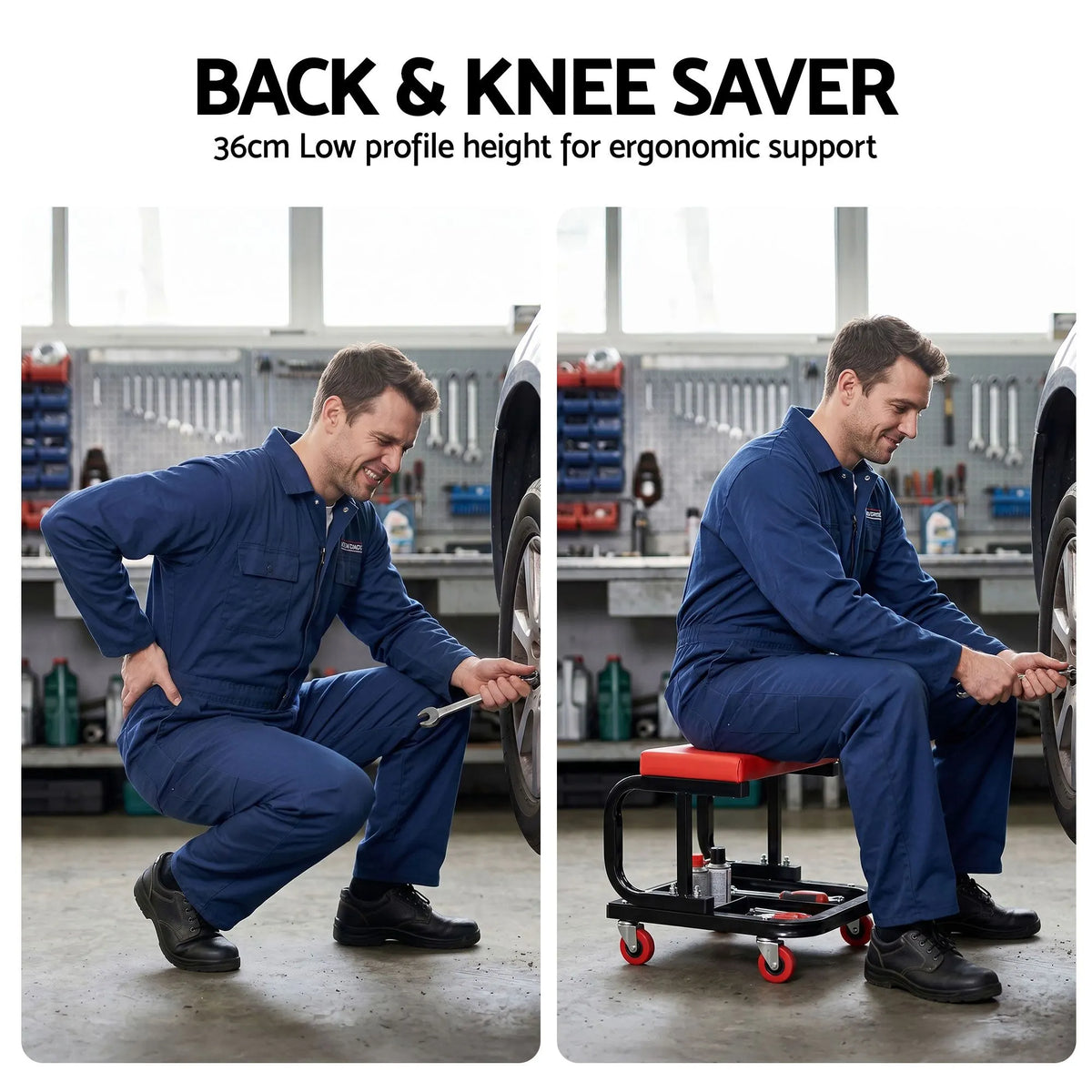 Giantz Creeper Seat Rolling Mechanic Stool with Tool Tray Heavy Duty 36x36cm - Image 9