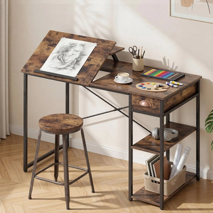 Artiss Computer Desk Drafting Drawing Table Tiltable Top Rustic Brown 108cm