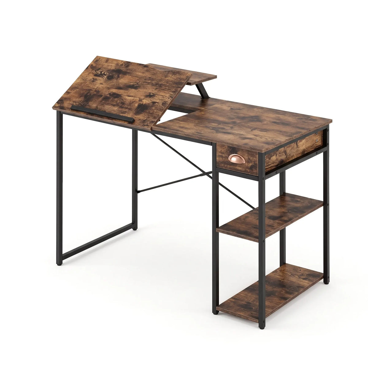 Artiss Computer Desk Drafting Drawing Table Tiltable Top Rustic Brown 108cm - Image 2