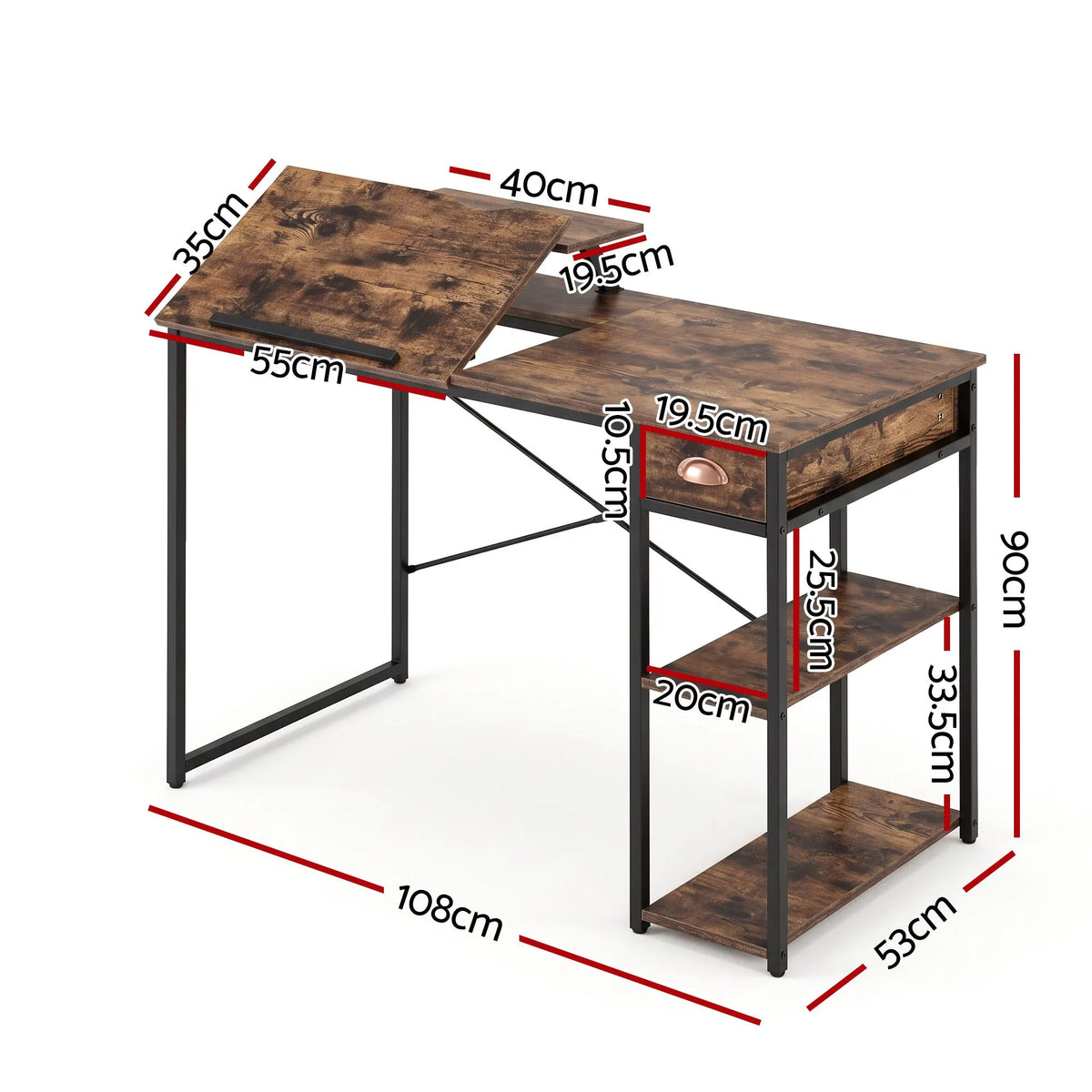 Artiss Computer Desk Drafting Drawing Table Tiltable Top Rustic Brown 108cm - Image 3