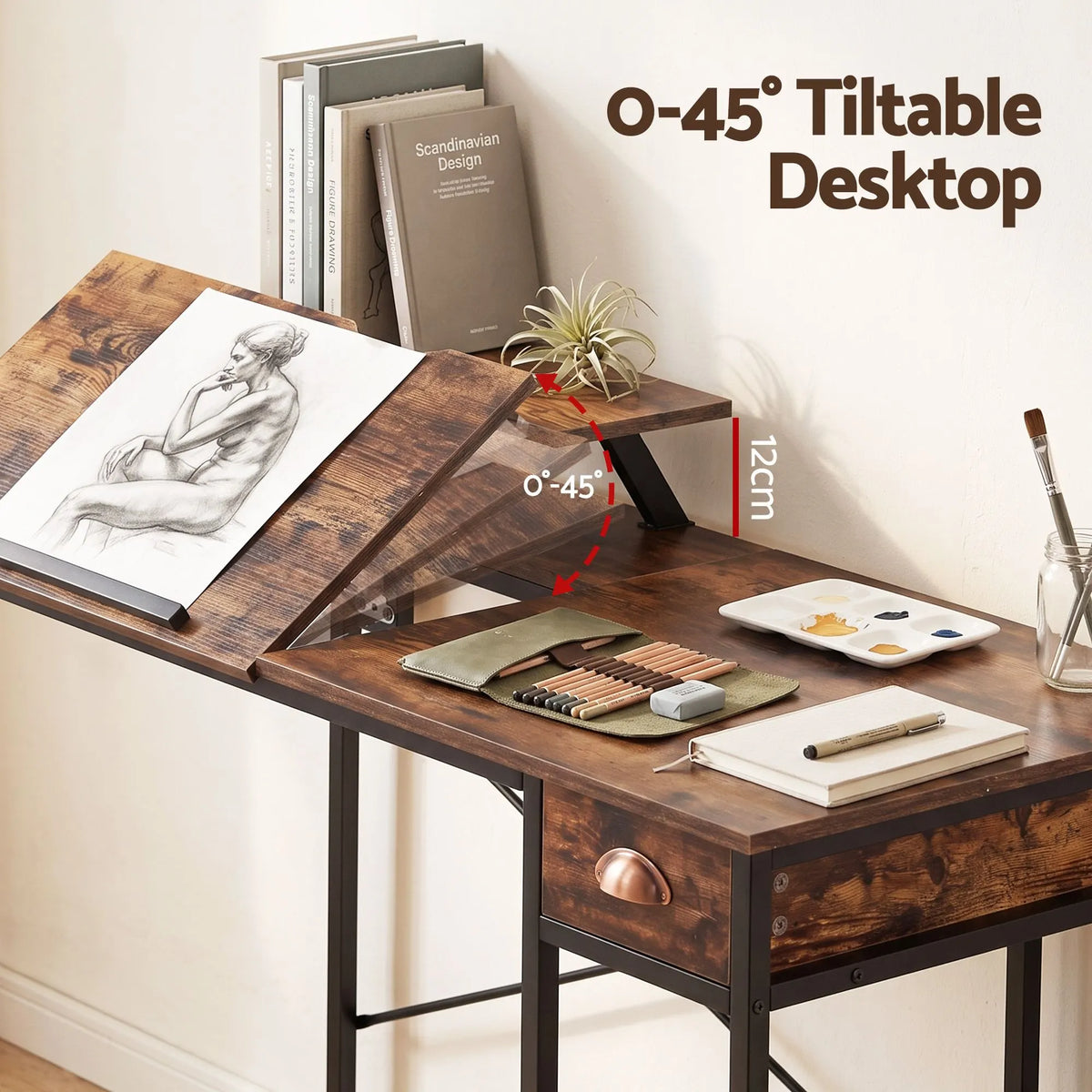 Artiss Computer Desk Drafting Drawing Table Tiltable Top Rustic Brown 108cm - Image 5