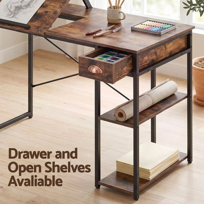 Artiss Computer Desk Drafting Drawing Table Tiltable Top Rustic Brown 108cm - Image 6