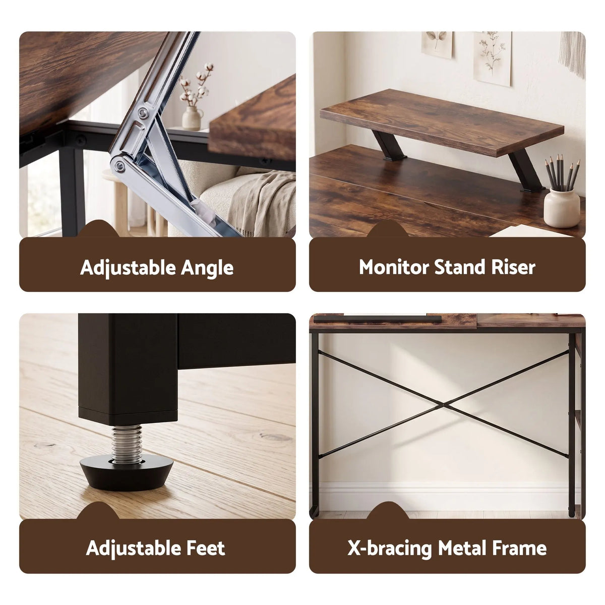 Artiss Computer Desk Drafting Drawing Table Tiltable Top Rustic Brown 108cm - Image 7