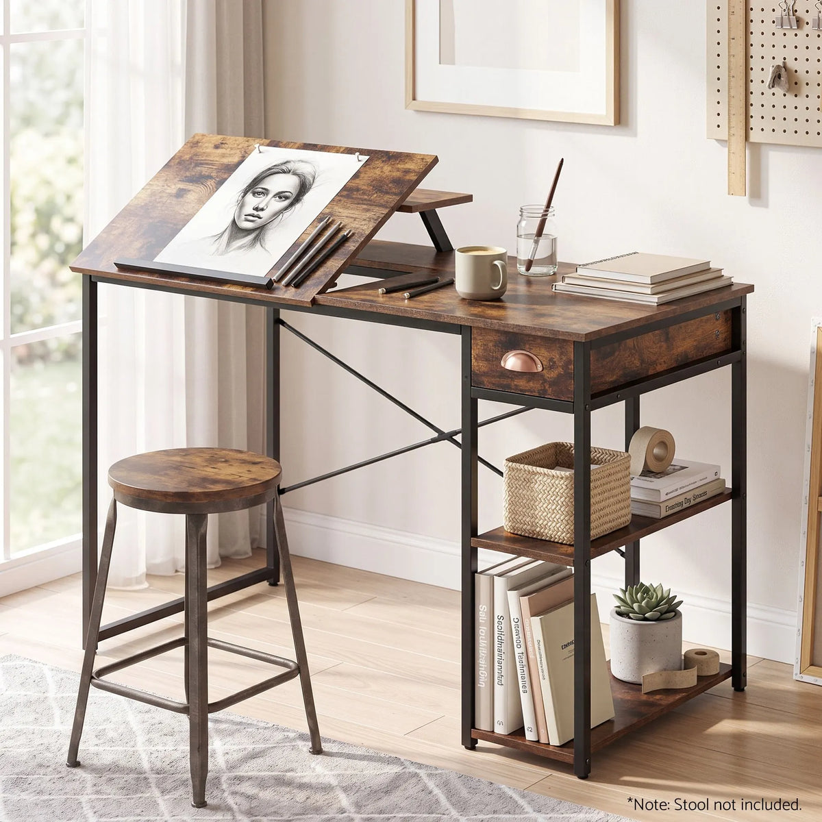 Artiss Computer Desk Drafting Drawing Table Tiltable Top Rustic Brown 108cm - Image 9