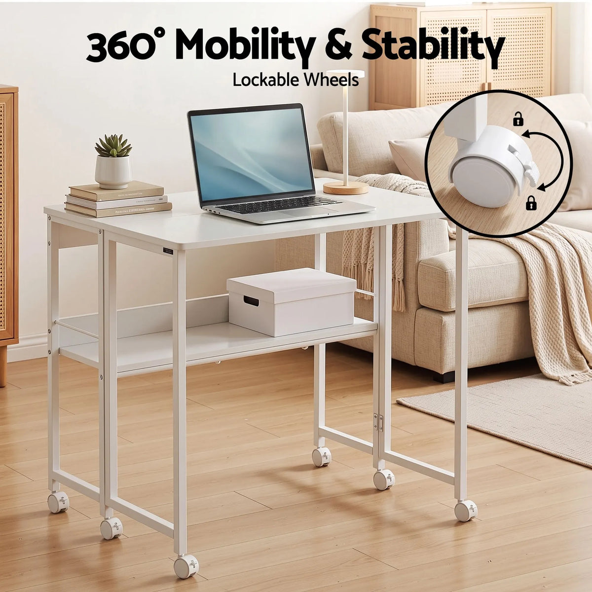 Artiss Foldable Computer Desk Mobile Study Table Workstation White 80cm - Image 5