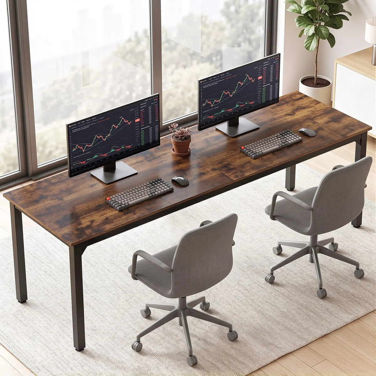 Artiss Computer Desk 2 Person Double Workstation Study Table Rustic Brown 200cm - Image 8
