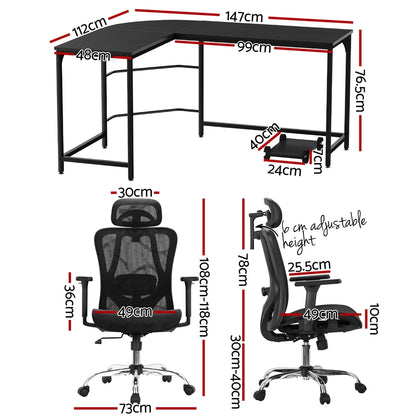 Artiss Computer Desk L-Shape Corner Desks Ergonomic Office Chair Mesh Chairs - Image 2
