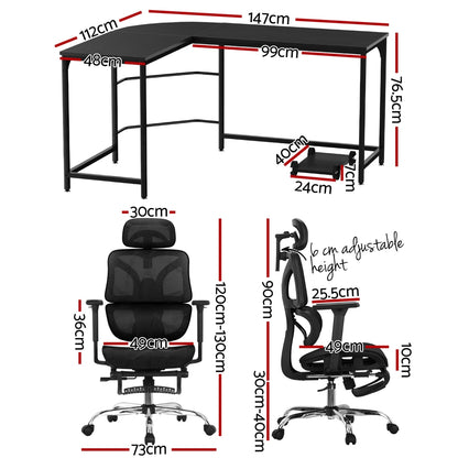 Artiss Computer Desk L-Shape Study Desks Ergonomic Office Chair Mesh Chairs - Image 2