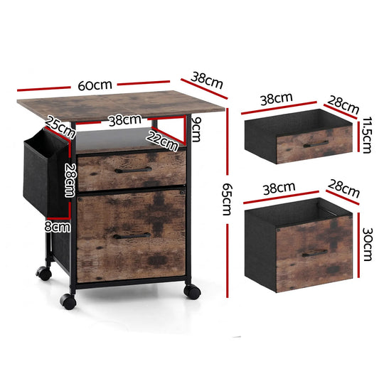 Artiss 2 Fabric Drawer File Cabinet Printer Stand Rolling File Cabinet with Side Bag - Image 3