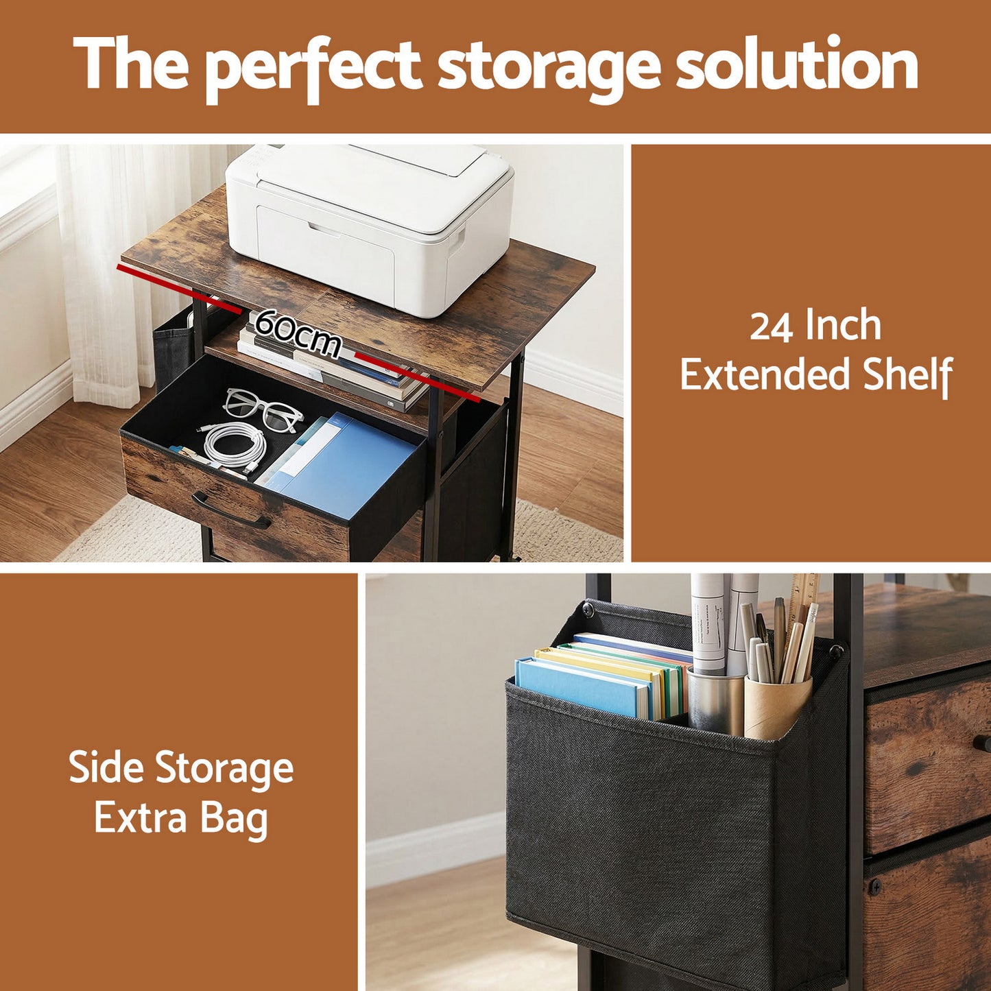 Artiss 2 Fabric Drawer File Cabinet Printer Stand Rolling File Cabinet with Side Bag - Image 5